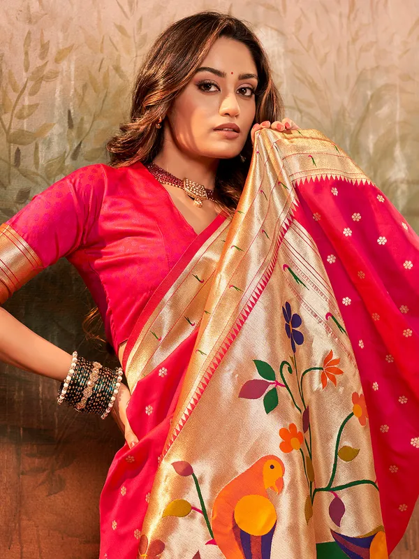 Pink paithani silk zari weaving saree