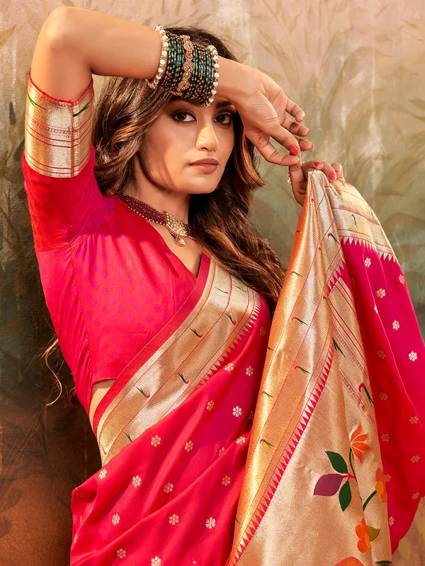 Pink paithani silk zari weaving saree