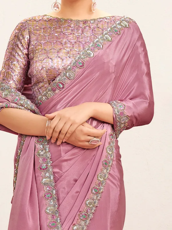 Pink party crepe saree with sequins and beads