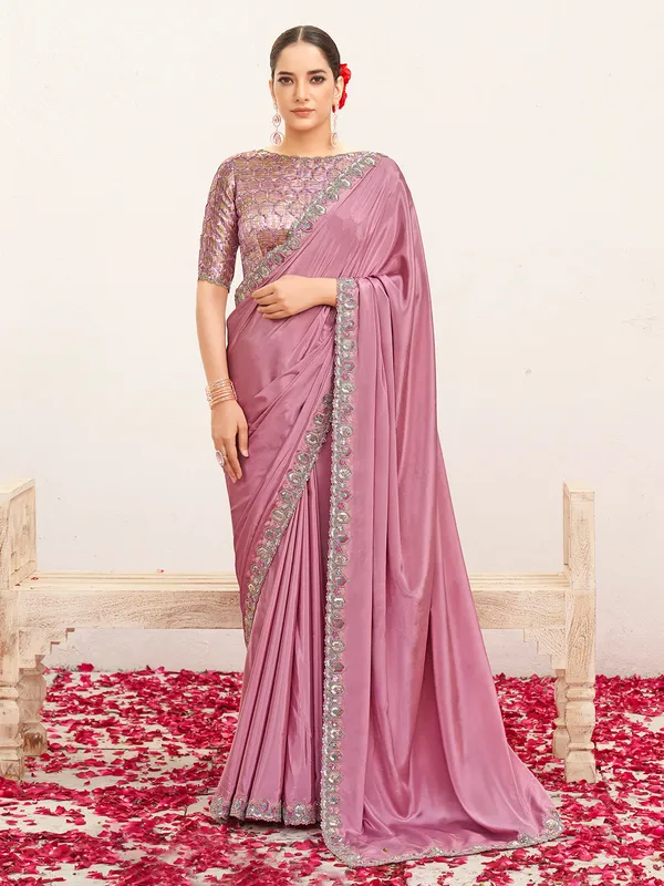 Pink party crepe saree with sequins and beads