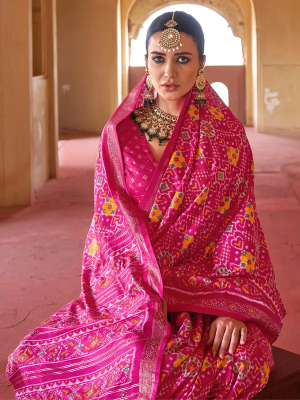 Pink patola silk printed saree for festival