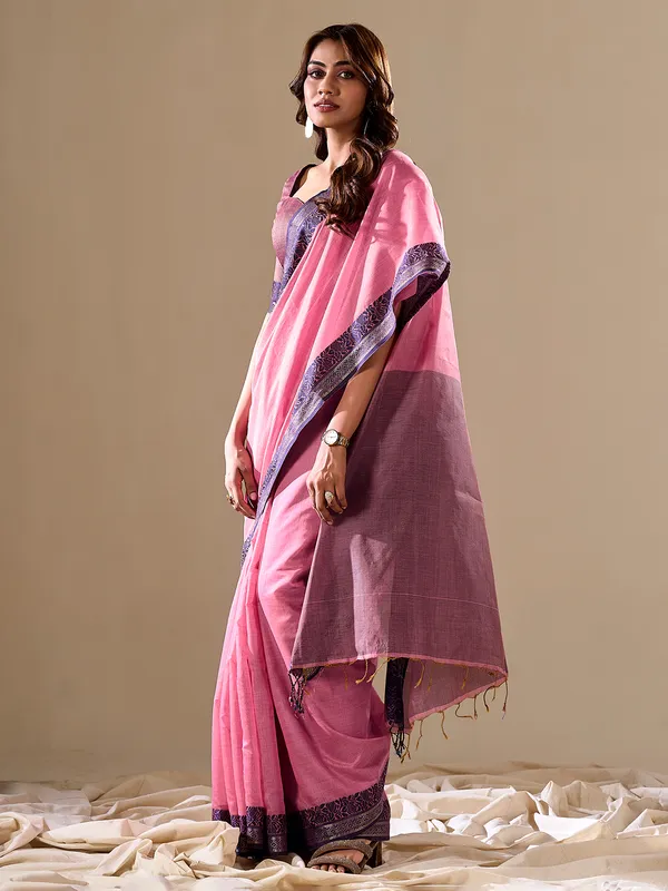 Pink plain saree with contrast border