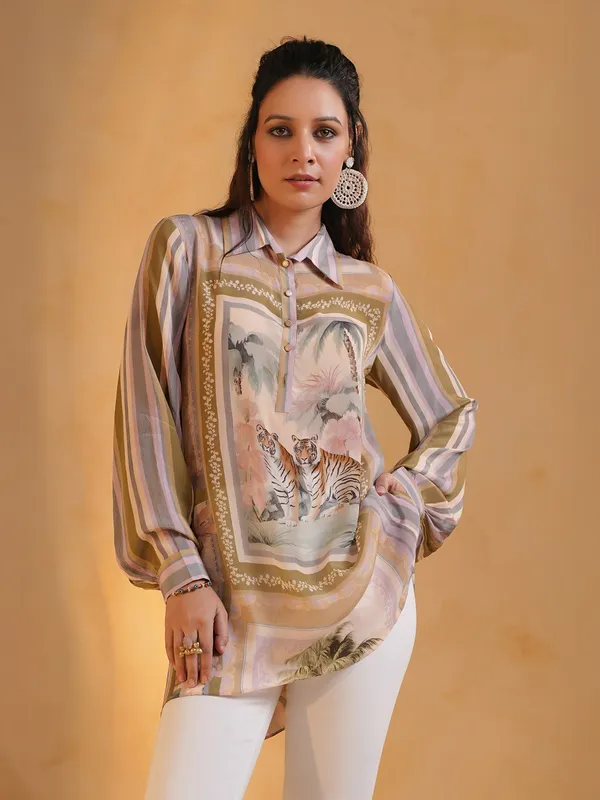 Pink printed casual wear crepe silk shirt