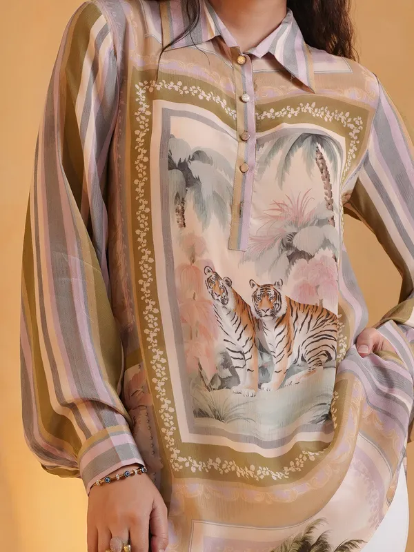 Pink printed casual wear crepe silk shirt