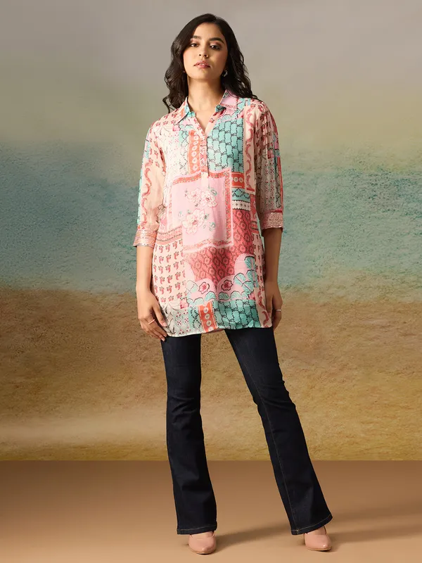 Pink printed chiffon tunic top