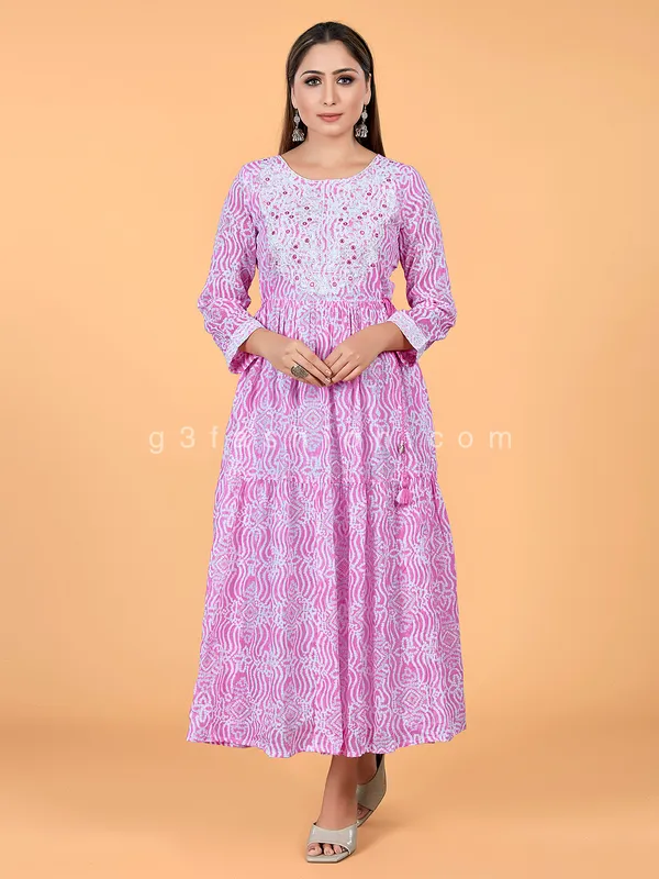Pink printed cotton anarkali kurti for casual