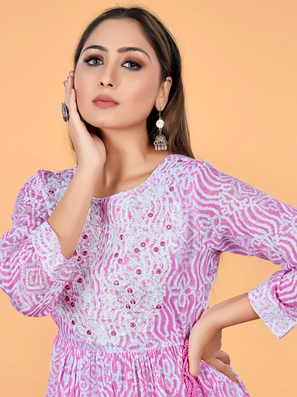 Pink printed cotton anarkali kurti for casual