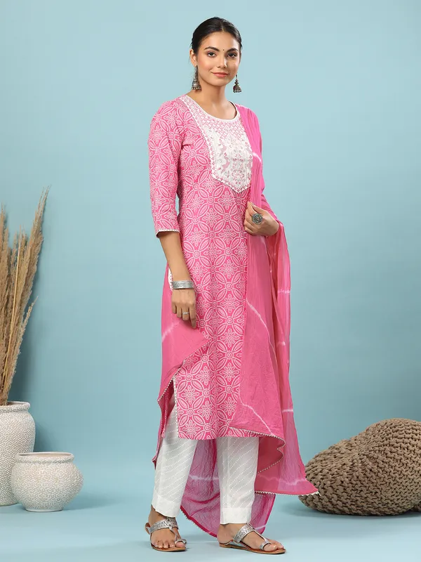Pink printed cotton casual wear pant suit