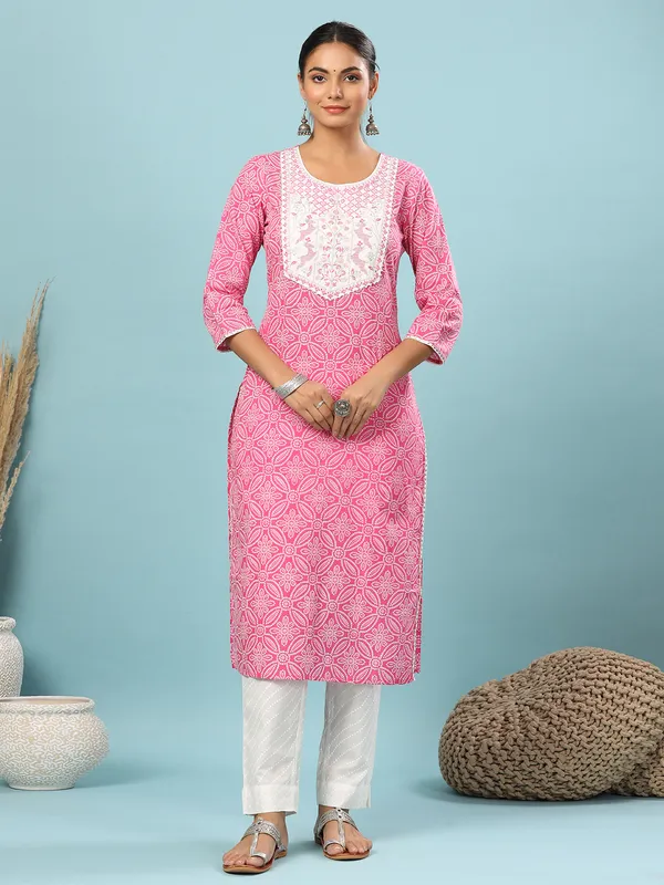Pink printed cotton casual wear pant suit