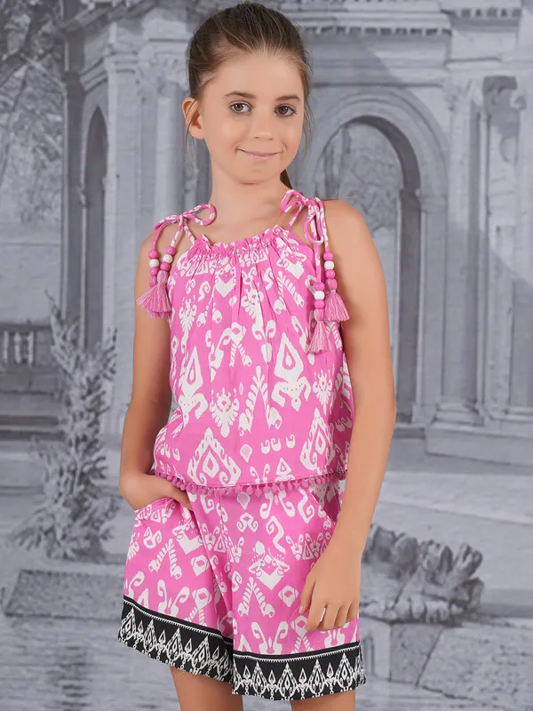 Pink printed cotton co-ord set for girls
