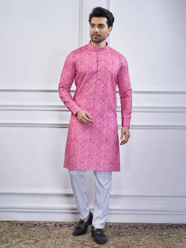 Pink printed cotton festival wear kurta suit