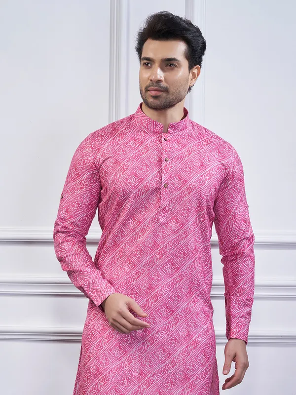 Pink printed cotton festival wear kurta suit