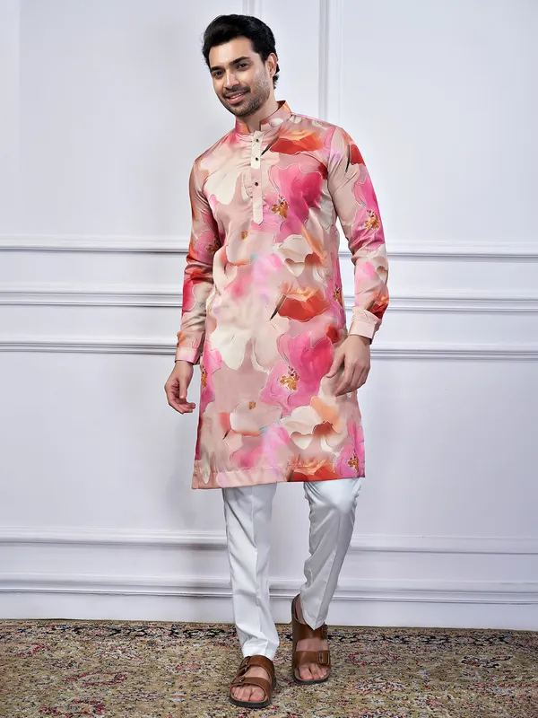 Pink printed cotton kurta suit for festive wear