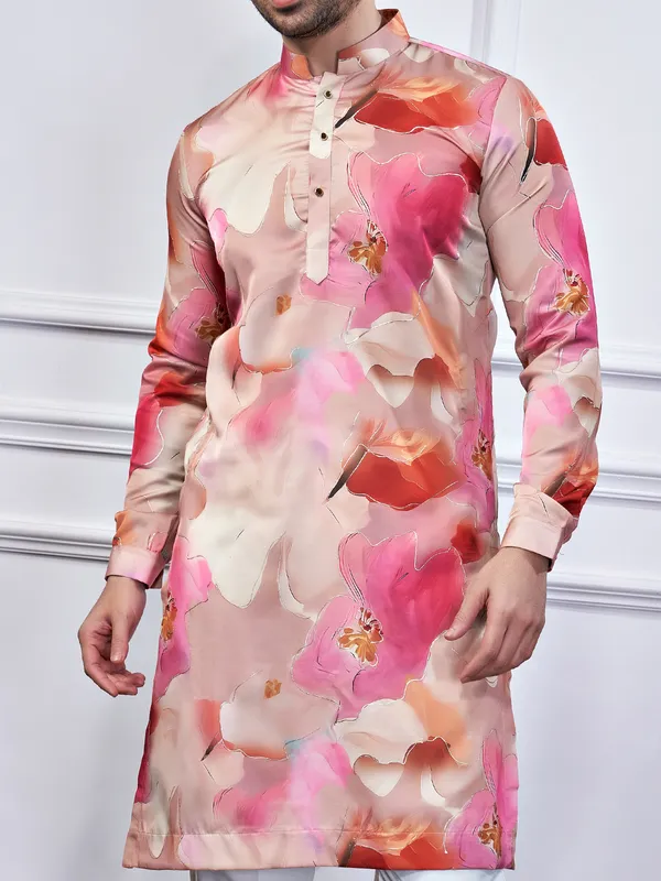 Pink printed cotton kurta suit for festive wear