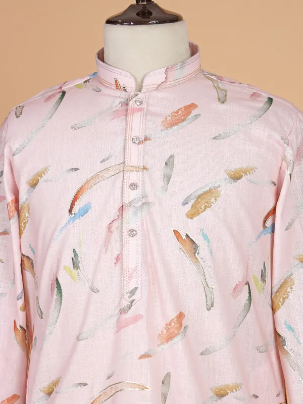 Pink printed cotton kurta suit for men