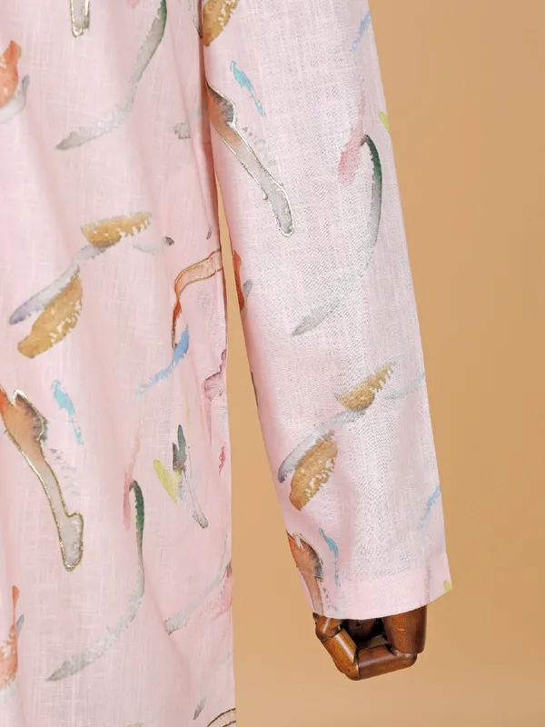 Pink printed cotton kurta suit for men