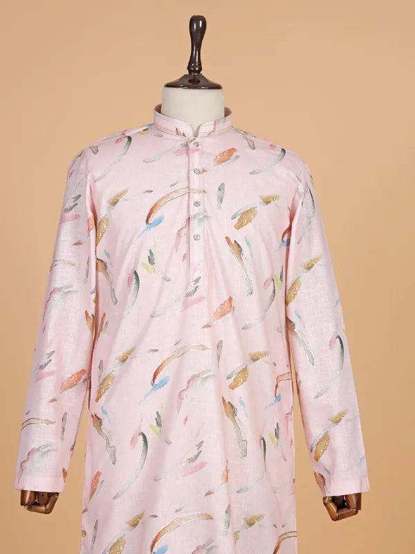 Pink printed cotton kurta suit for men