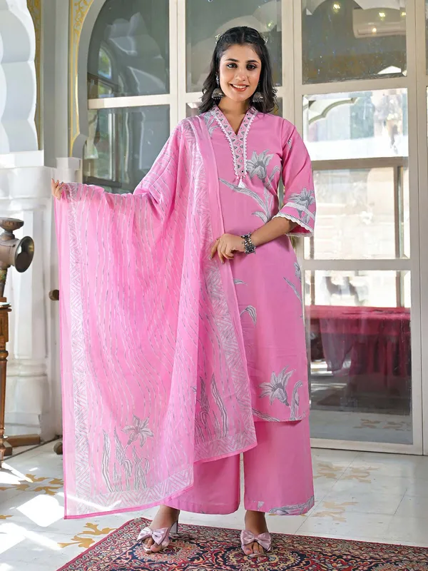 Pink printed cotton palazzo kurti set for women