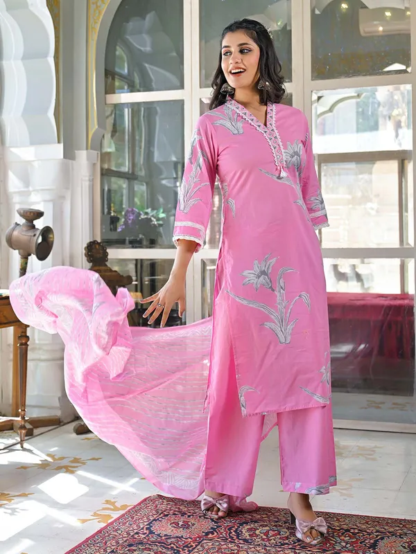 Pink printed cotton palazzo kurti set for women