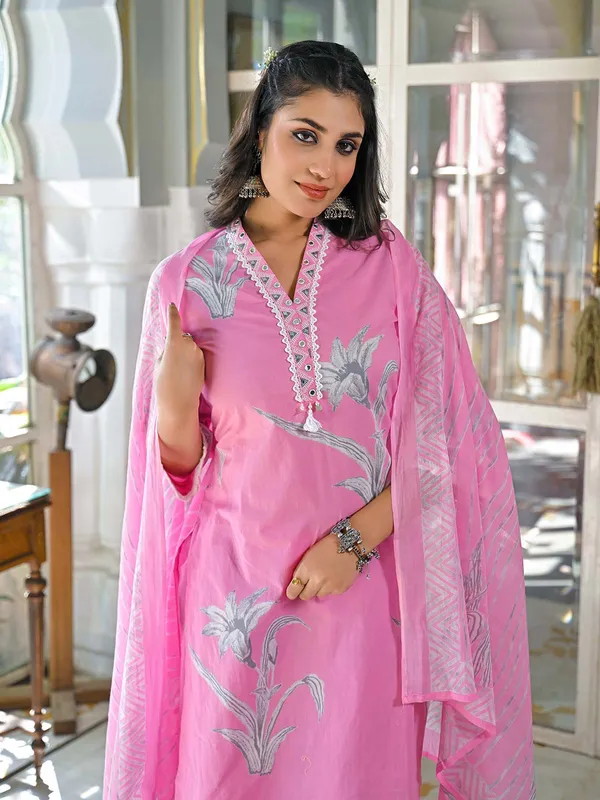 Pink printed cotton palazzo kurti set for women