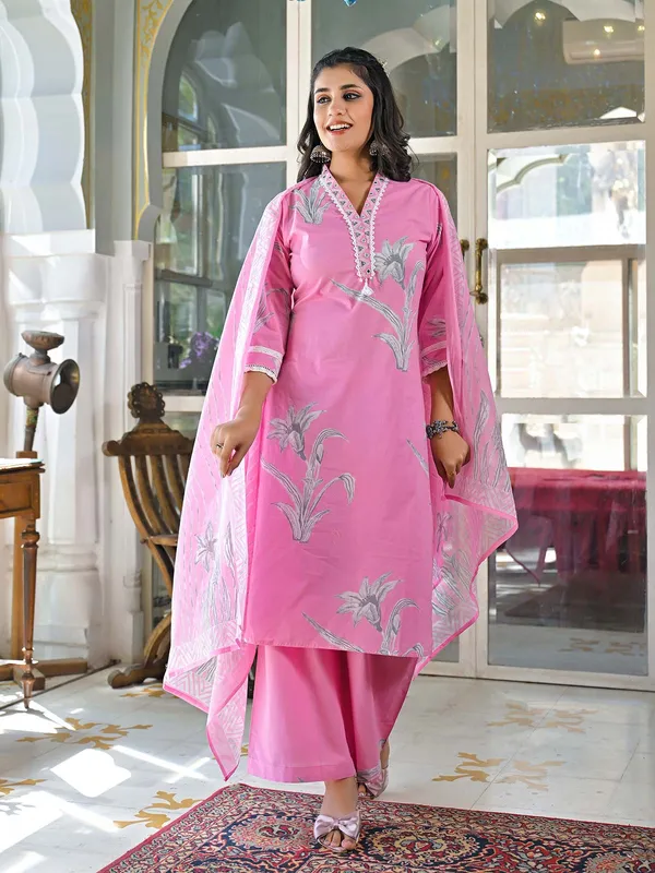Pink printed cotton palazzo kurti set for women