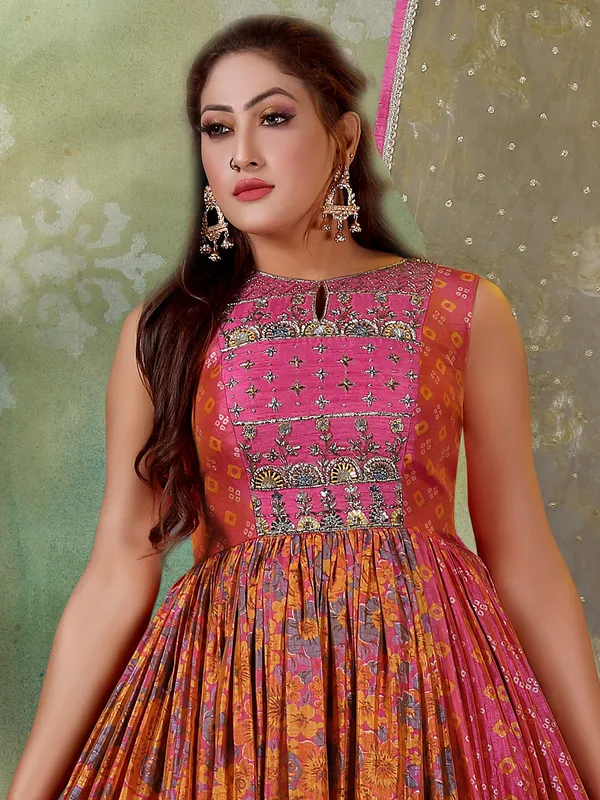 Pink printed cotton silk anarkali suit for wedding events