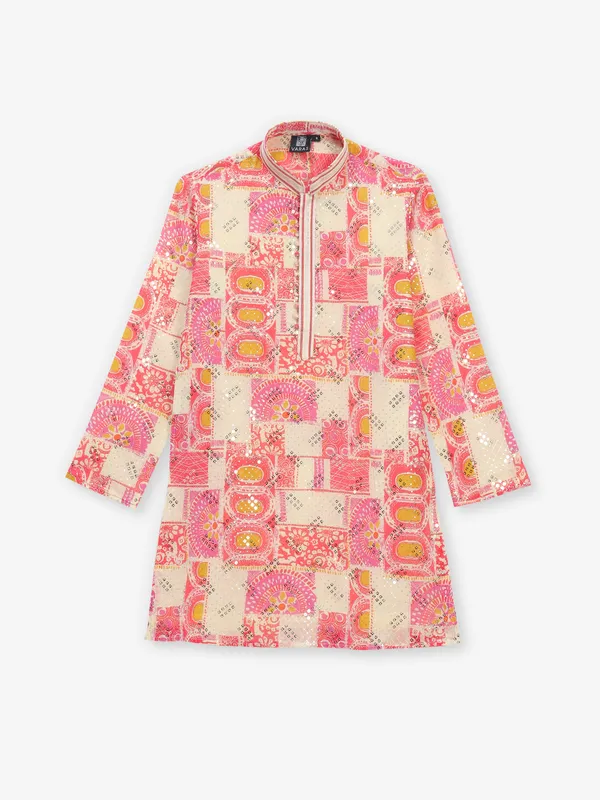 Pink printed cotton silk kurta suit in heavy work