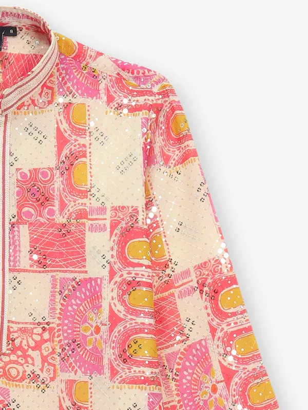 Pink printed cotton silk kurta suit in heavy work