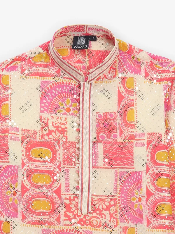 Pink printed cotton silk kurta suit in heavy work