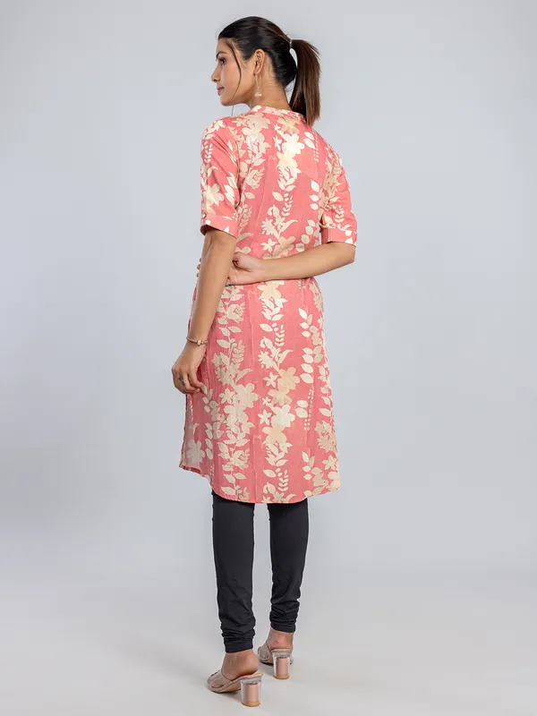 Pink printed cotton silk kurti for women