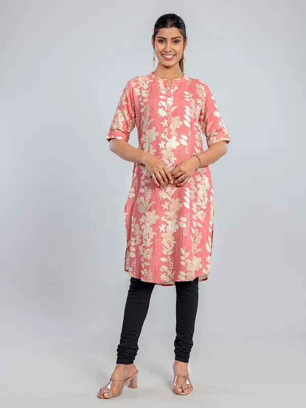 Pink printed cotton silk kurti for women