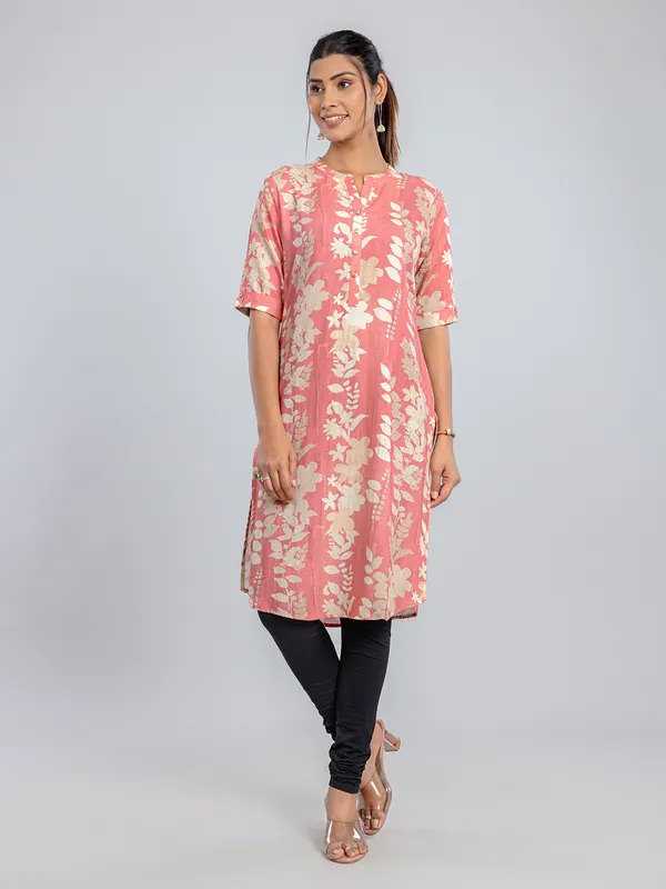 Pink printed cotton silk kurti for women