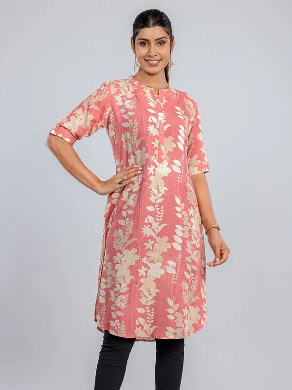 Pink printed cotton silk kurti for women