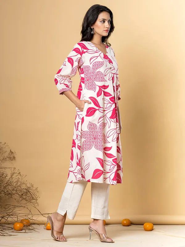 Pink printed cotton silk kurti set for women