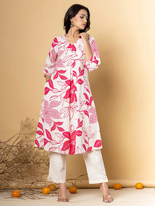 Pink printed cotton silk kurti set for women