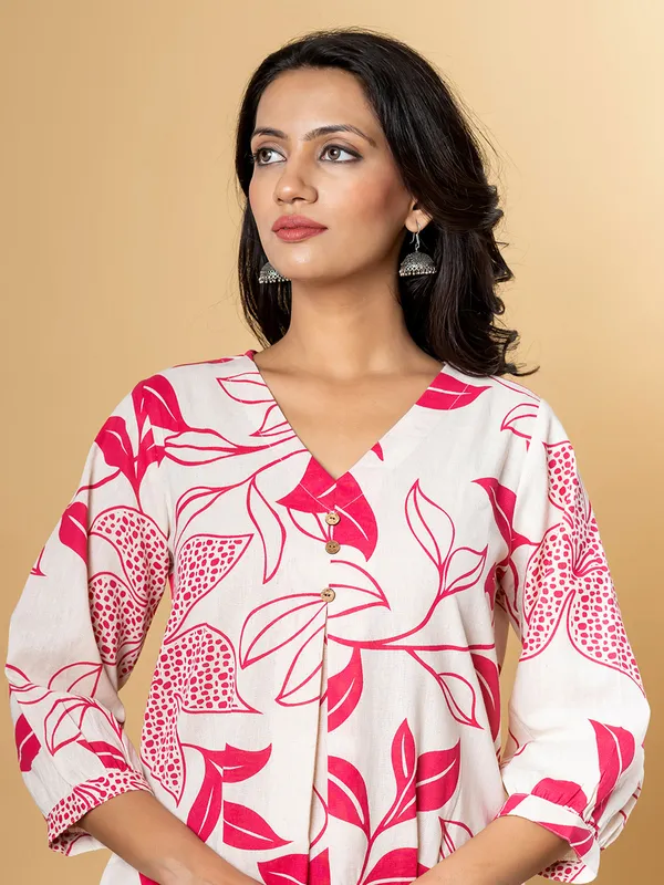 Pink printed cotton silk kurti set for women