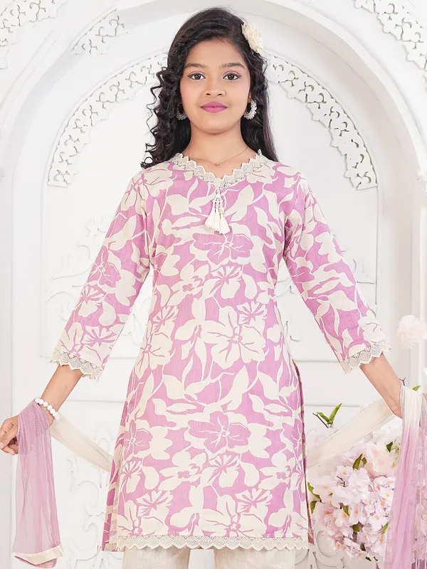 Pink printed cotton silk pant salwar suit with dupatta