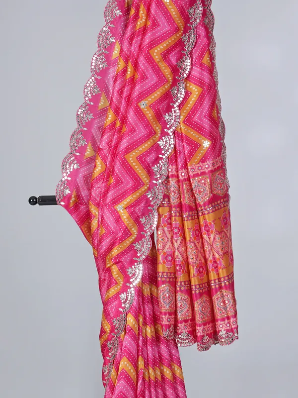 Pink printed crepe silk saree for wedding wear