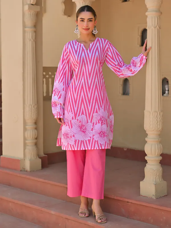 Pink printed festive wear cotton silk kurti set