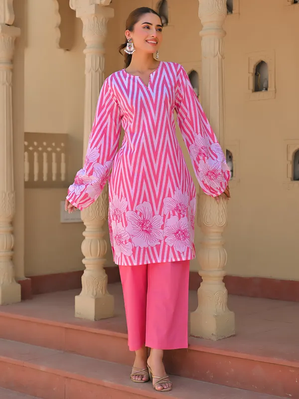Pink printed festive wear cotton silk kurti set