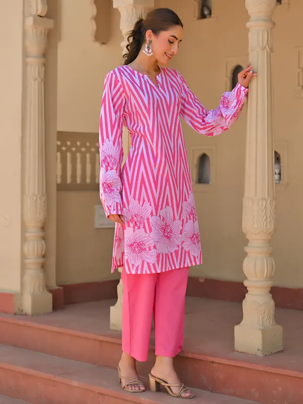 Pink printed festive wear cotton silk kurti set