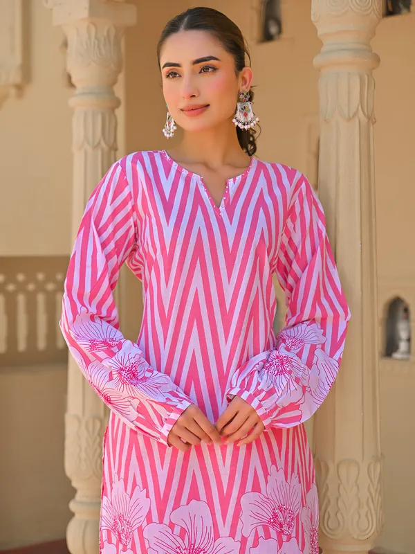 Pink printed festive wear cotton silk kurti set