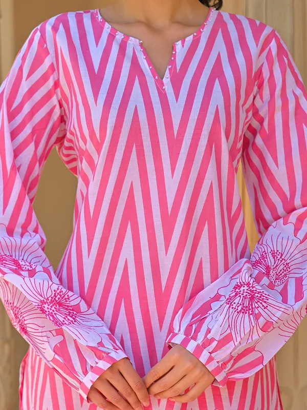 Pink printed festive wear cotton silk kurti set