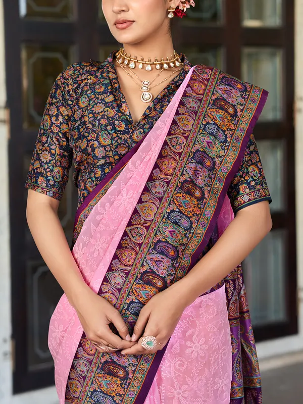 Pink printed georgette saree with thread work