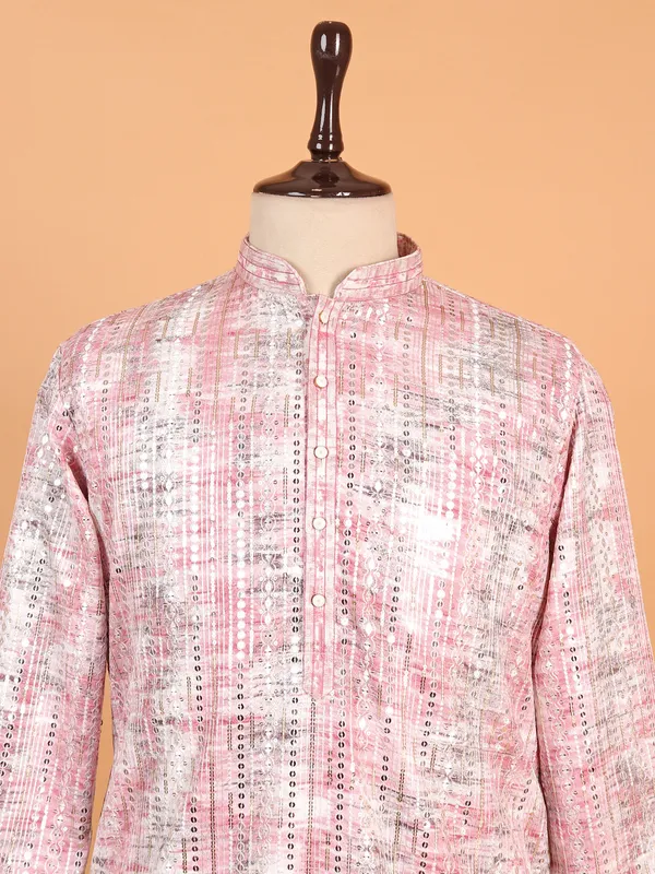 Pink printed kurta suit in embroidery for men