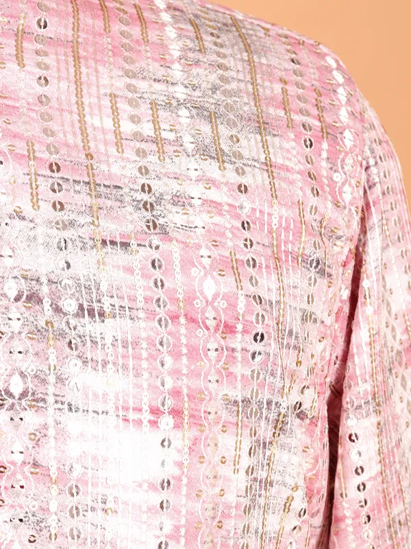 Pink printed kurta suit in embroidery for men