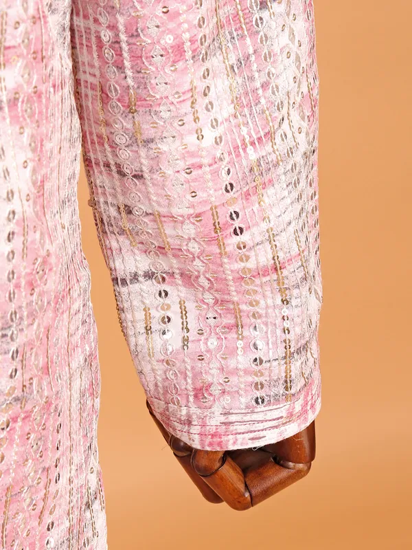 Pink printed kurta suit in embroidery for men
