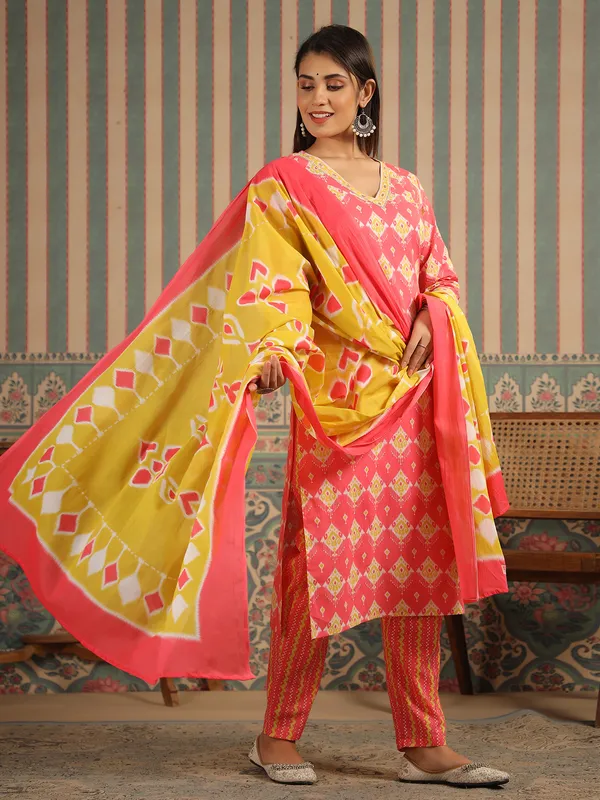 Pink printed kurti set with matching dupatta