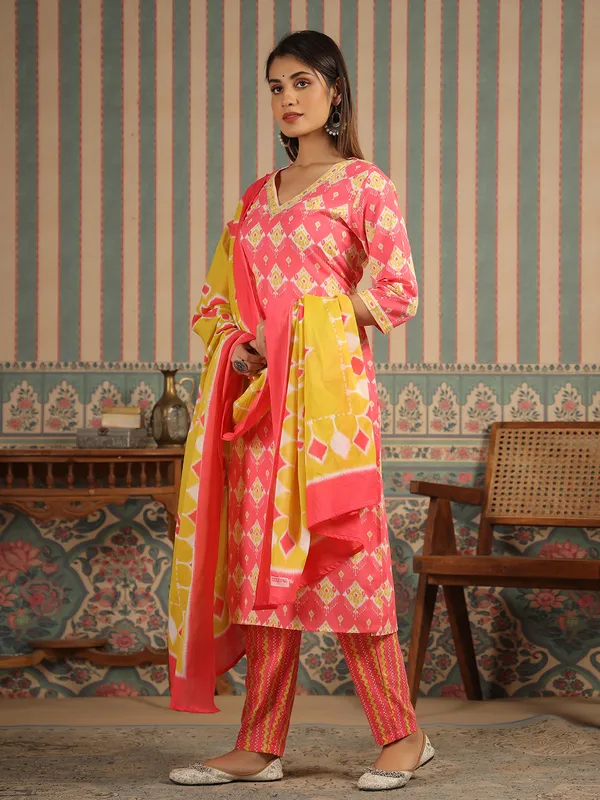 Pink printed kurti set with matching dupatta