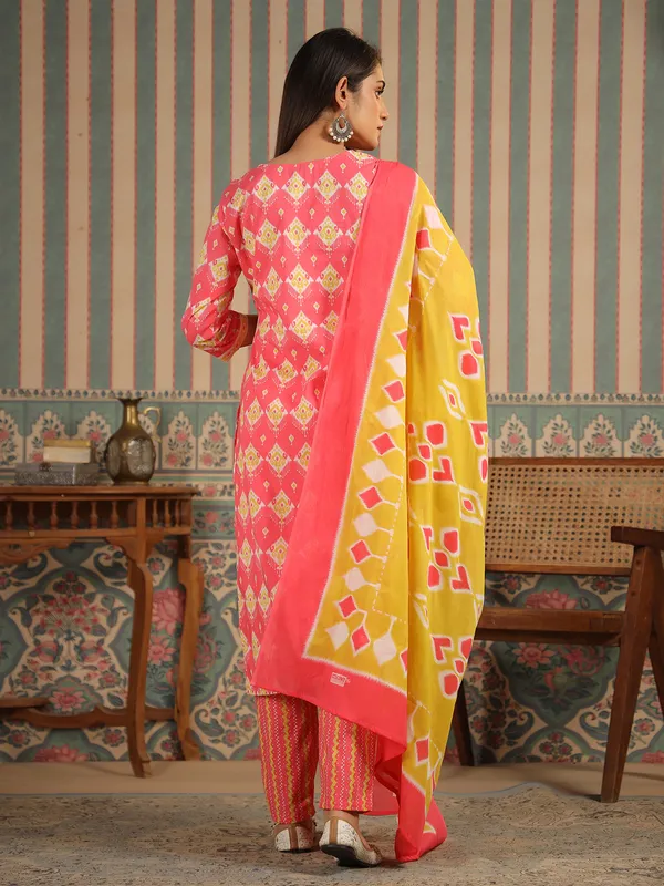 Pink printed kurti set with matching dupatta